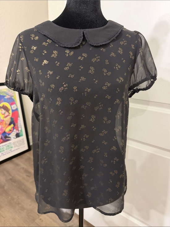 Vera Wang Tops - Vera Wang Black Sheer Blouse with Metallic Gold Floral Motif